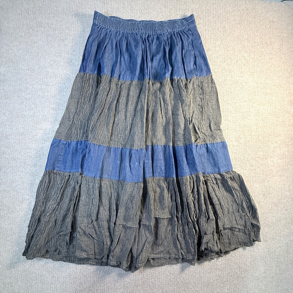 Young Threads Womens Blue Denim Grey Tiered Maxi Skirt Elastic Waist Size L NEW - Picture 2 of 7